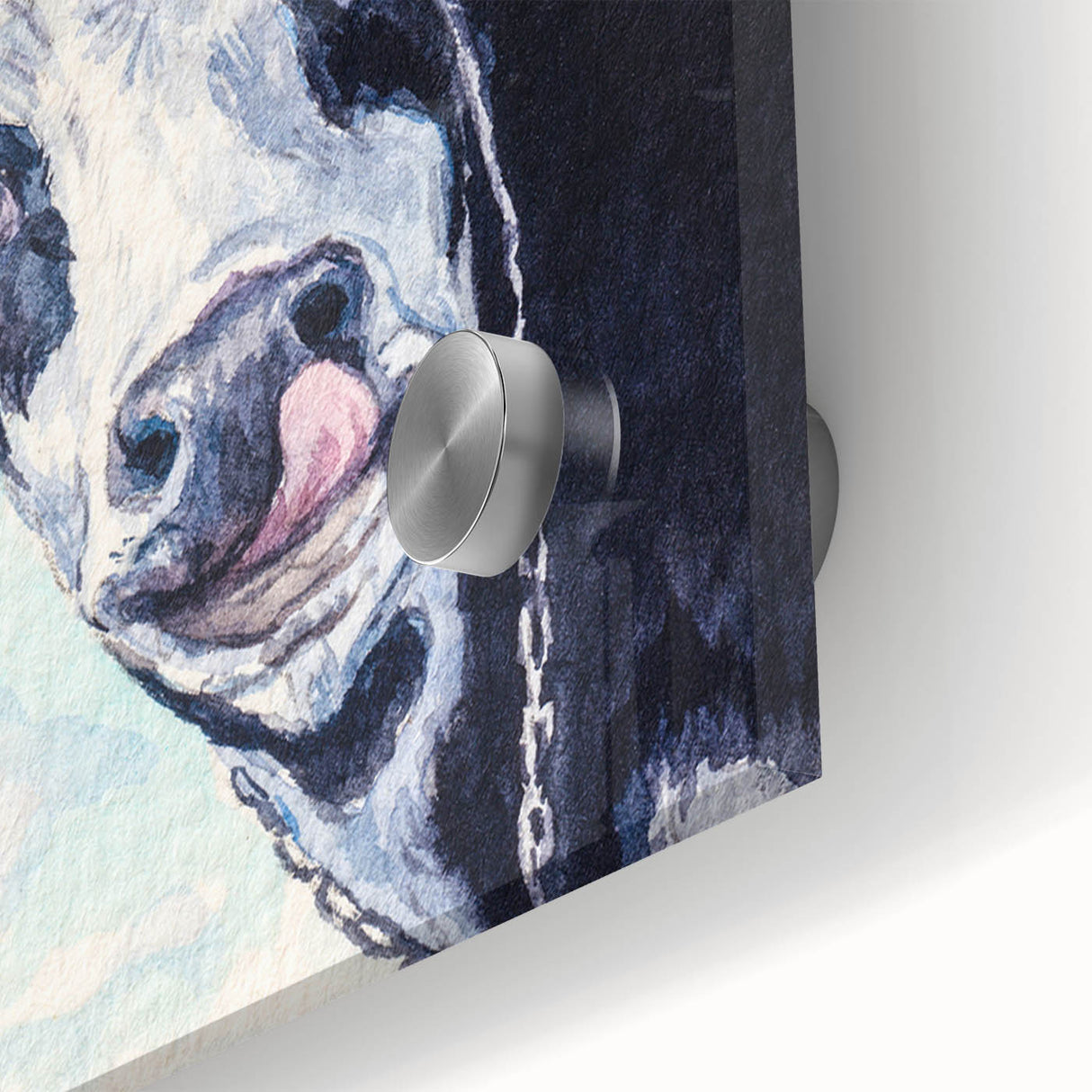 Close-up of a vibrant acrylic glass wall art piece depicting a detailed cow design, showcasing rich colors and intricate textures, perfect for animal lovers' decor.