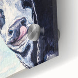 Close-up of a vibrant acrylic glass wall art piece depicting a detailed cow design, showcasing rich colors and intricate textures, perfect for animal lovers' decor.