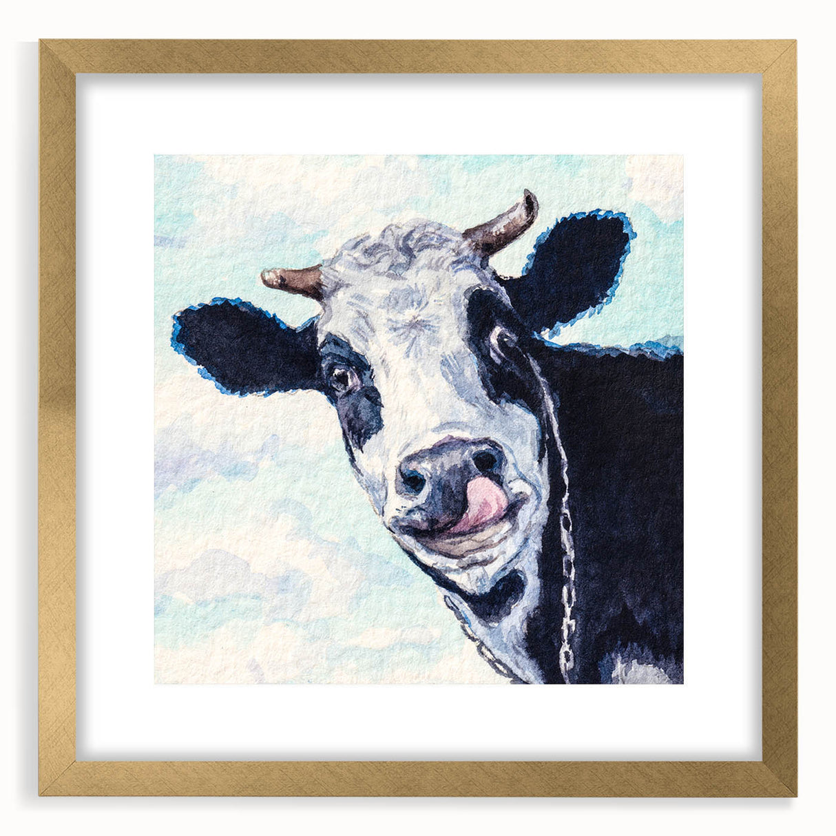 Framed wall art featuring a striking cow design with a gold mat, set against a clean backdrop, perfect for animal lovers and home decor enthusiasts.