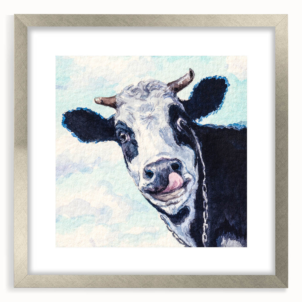 Framed wall art showcasing a silver mat and a vibrant cow design, perfect for adding a rustic touch to home decor. Ideal for animal lovers and art enthusiasts.
