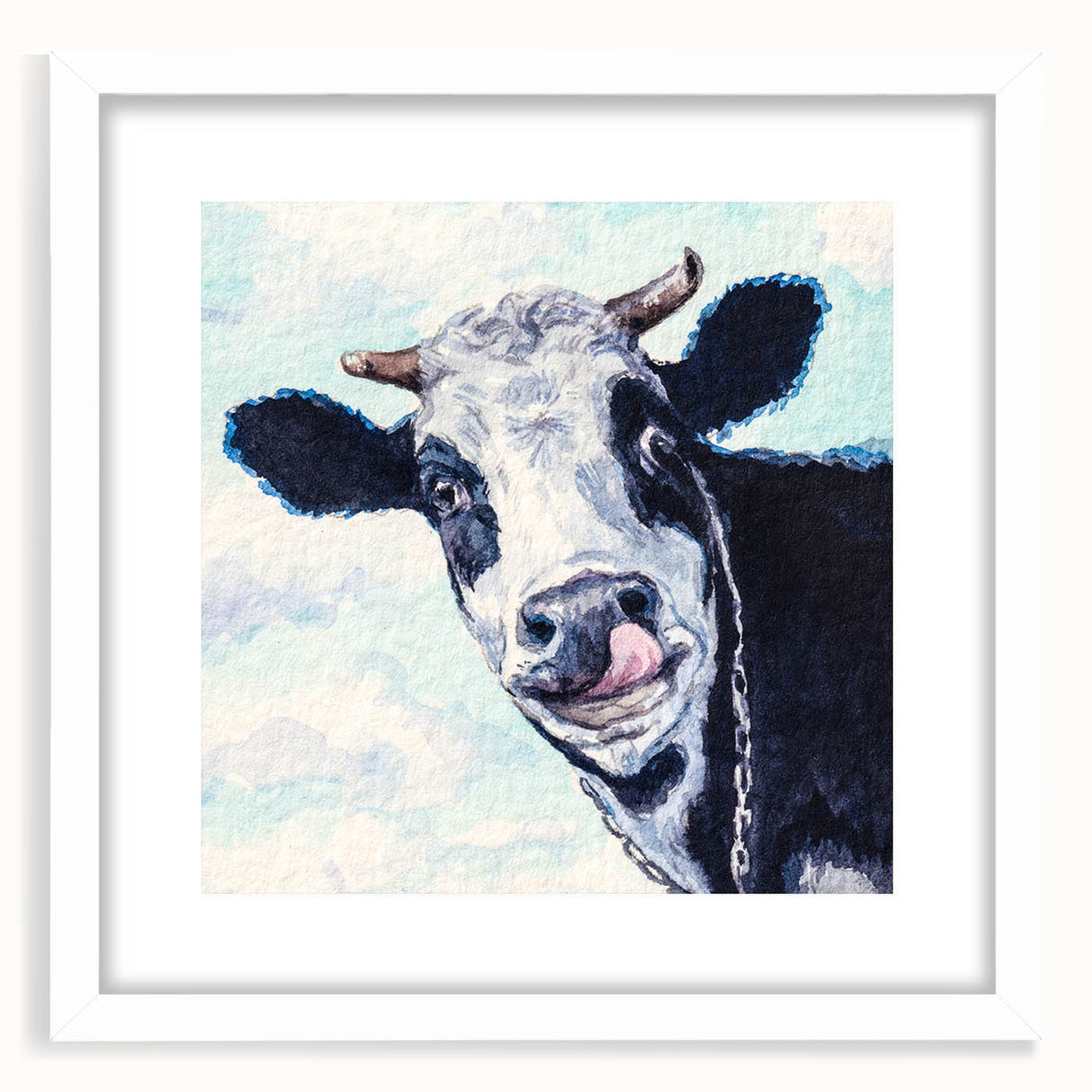 Framed wall art featuring a whimsical cow design from the "Animals A Wild Life" collection, set against a white mat background, perfect for animal lovers' decor.