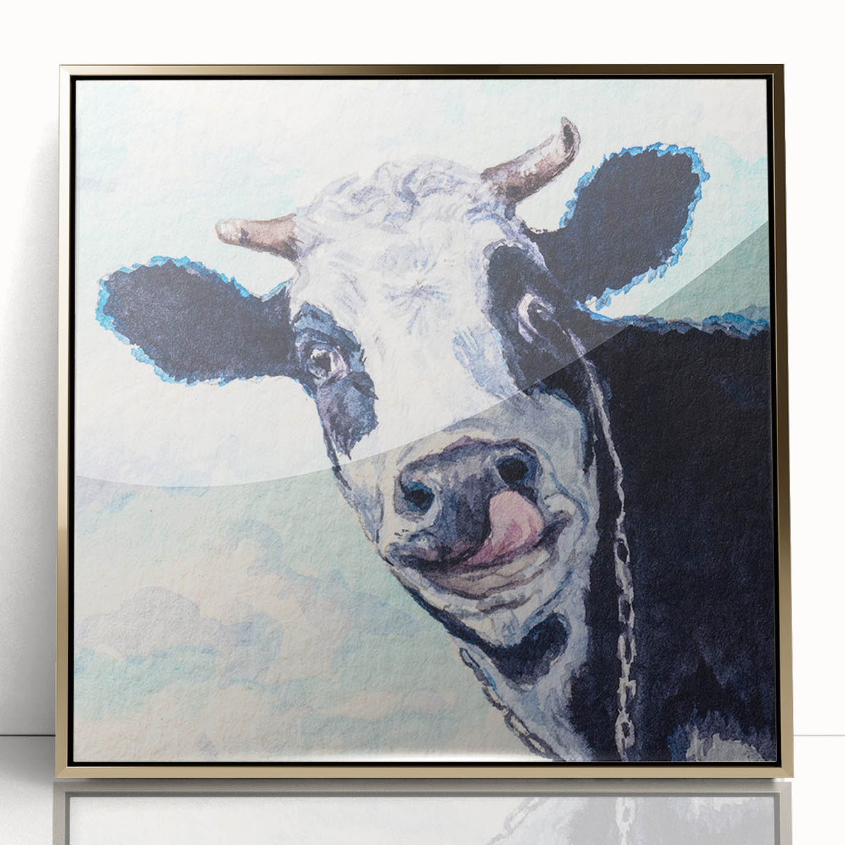Framed acrylic wall art featuring a vibrant cow design in gold tones, set against a sleek, modern background, perfect for animal lovers and home decor enthusiasts.