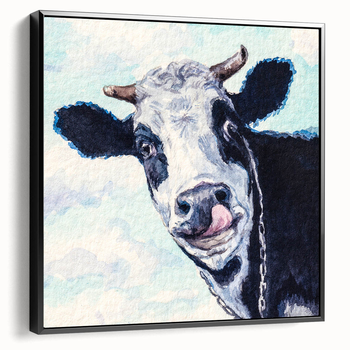 Framed canvas wall art showcasing a black and white cow design, set against a minimalist background, perfect for modern home decor. Ideal for animal lovers and rustic themes.