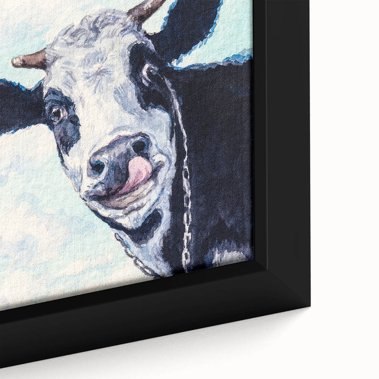 Close-up of a framed canvas showcasing a detailed cow design from the "Animals A Wild Life" collection, featuring vibrant colors and intricate textures perfect for nature-themed decor.