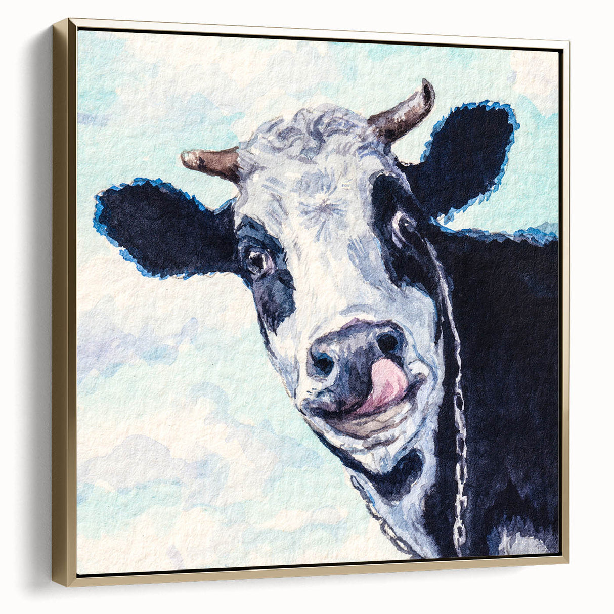 Framed canvas wall art showcasing a stylized cow design, featuring gold accents and a vibrant color palette, ideal for animal lovers and modern decor.