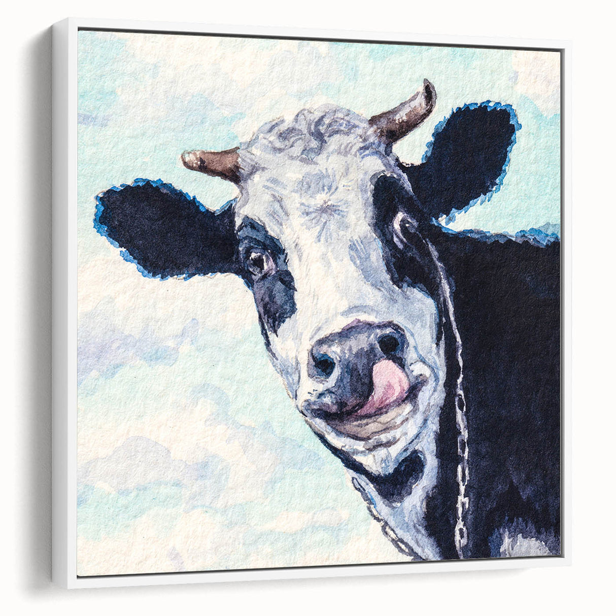 Framed canvas wall art featuring a striking cow design in soft white tones, displayed at a side view against a neutral background, perfect for modern decor.