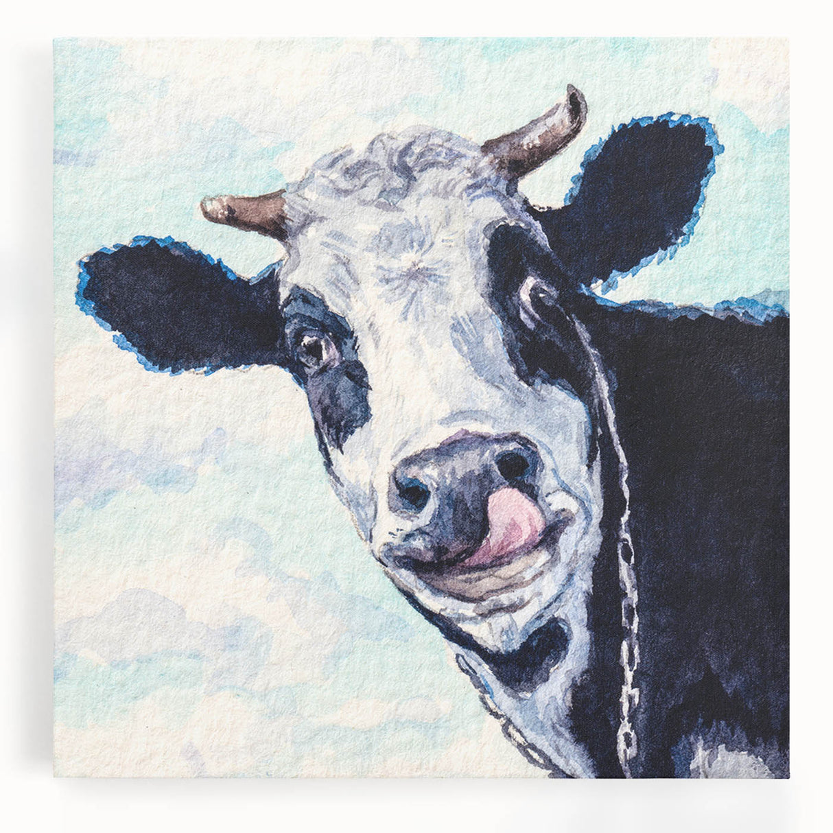 Stretched canvas wall art featuring a vibrant cow design in a wild animal theme, showcasing intricate details and colorful patterns, perfect for animal lovers' decor.