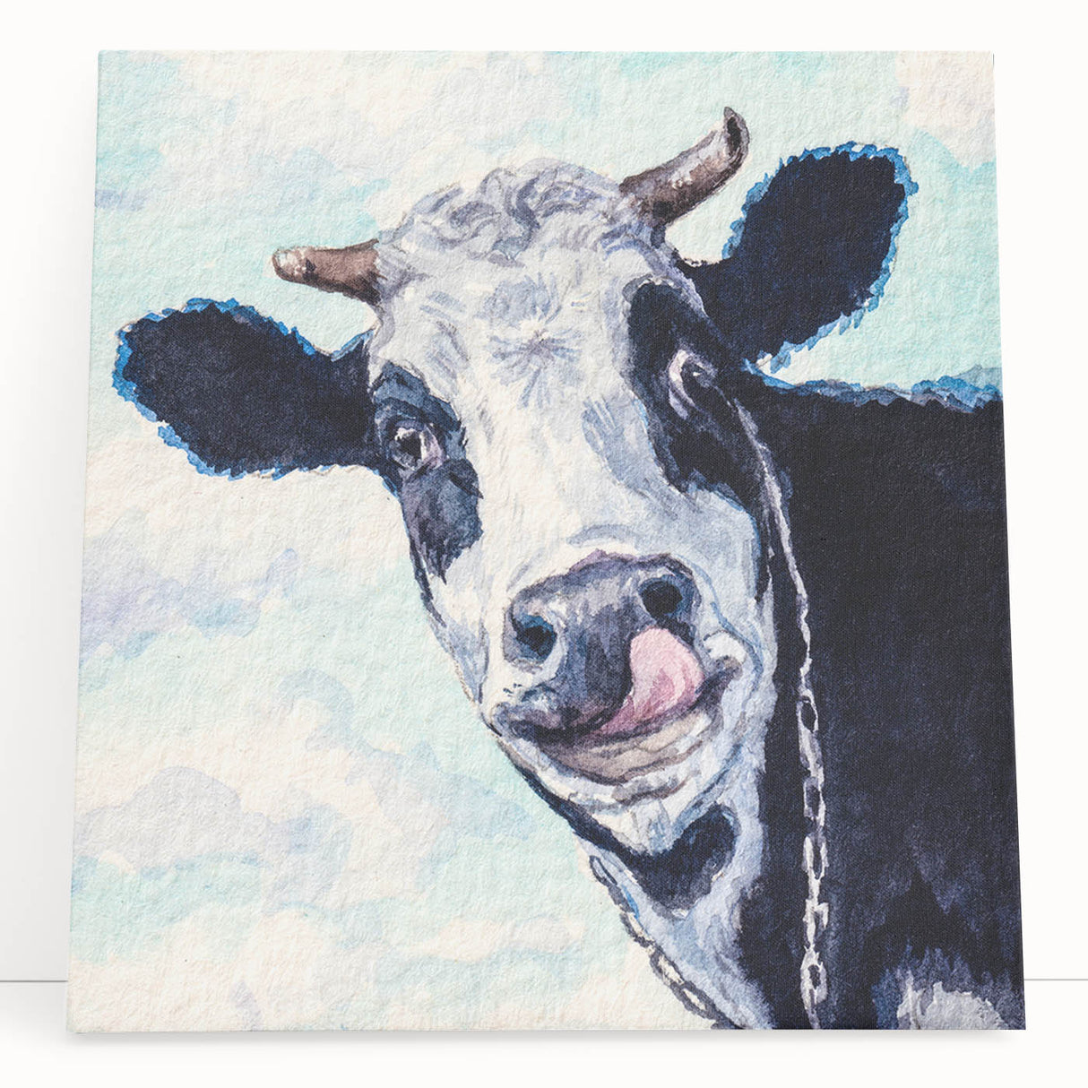 Stretched canvas wall art featuring a colorful cow design from the Animals A Wild Life collection, showcasing vibrant colors and intricate details, perfect for animal lovers.