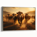 Framed canvas wall art featuring a vibrant cow design from the "Animals A Wild Life" collection, showcasing intricate details and a sleek silver frame, perfect for home decor.