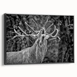 Framed wall art featuring a majestic deer design, showcasing intricate details in a black frame, perfect for nature-inspired home décor.