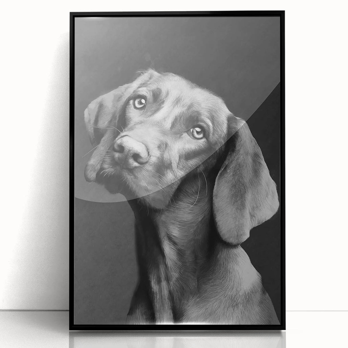 Framed wall art featuring a vibrant design of various wild dogs, showcased in a sleek black frame with acrylic glass front, perfect for home decor enthusiasts.