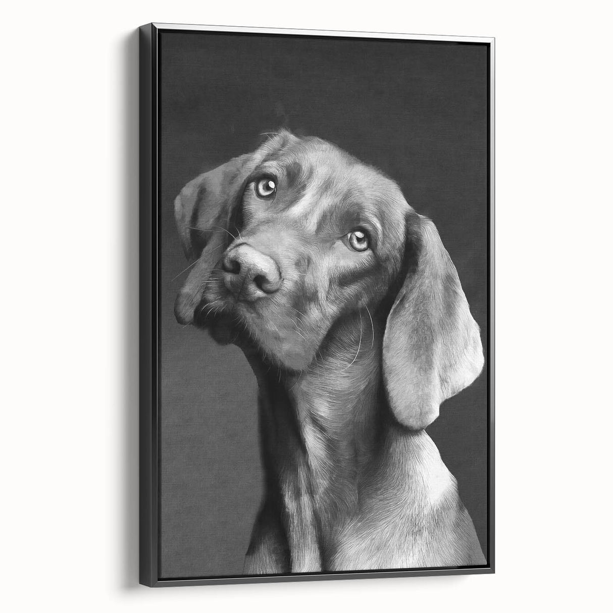Framed wall art showcasing a vibrant dog design on textured canvas, featuring a sleek black frame and side view for an elegant display in modern decor.