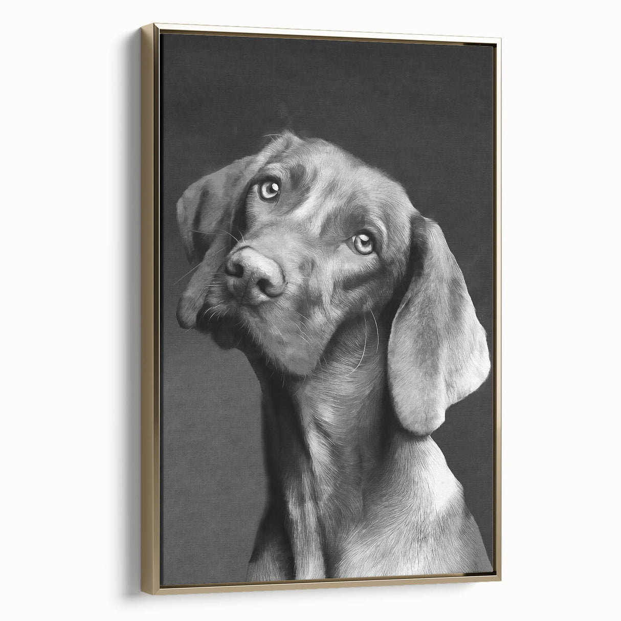 Framed canvas wall art showcasing a vibrant dog design from the "Animals of the Wild" collection, featuring a gold frame that enhances its aesthetic appeal, ideal for pet lovers and modern decor.