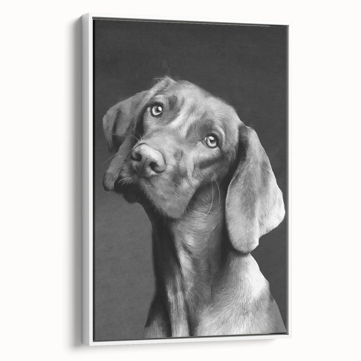 Framed canvas wall art featuring a whimsical dog design with vibrant colors, showcasing a playful and modern aesthetic, perfect for animal lovers' home decor.