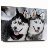Acrylic glass wall art featuring a vibrant design of various dogs in a wild theme, displayed from a side view, showcasing its sleek edges and colorful details. Perfect for animal lovers and modern decor enthusiasts.