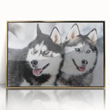 Framed wall art featuring a vibrant design of playful dogs in varied colors, elegantly displayed in acrylic with a gold frame, perfect for dog lovers.