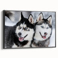 Framed wall art featuring a stylized dog design in a black frame, showcasing vibrant colors and intricate details, ideal for animal lovers and home décor.