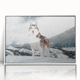 Framed wall art featuring a collection of twelve colorful dog designs in a white frame, showcasing various breeds and playful poses, perfect for animal lovers.