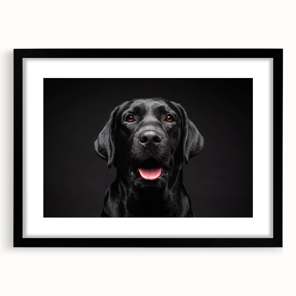 Framed wall art featuring a captivating design of various dog breeds in a colorful, artistic style, set against a sleek black mat. Ideal for pet lovers and home decor enthusiasts.