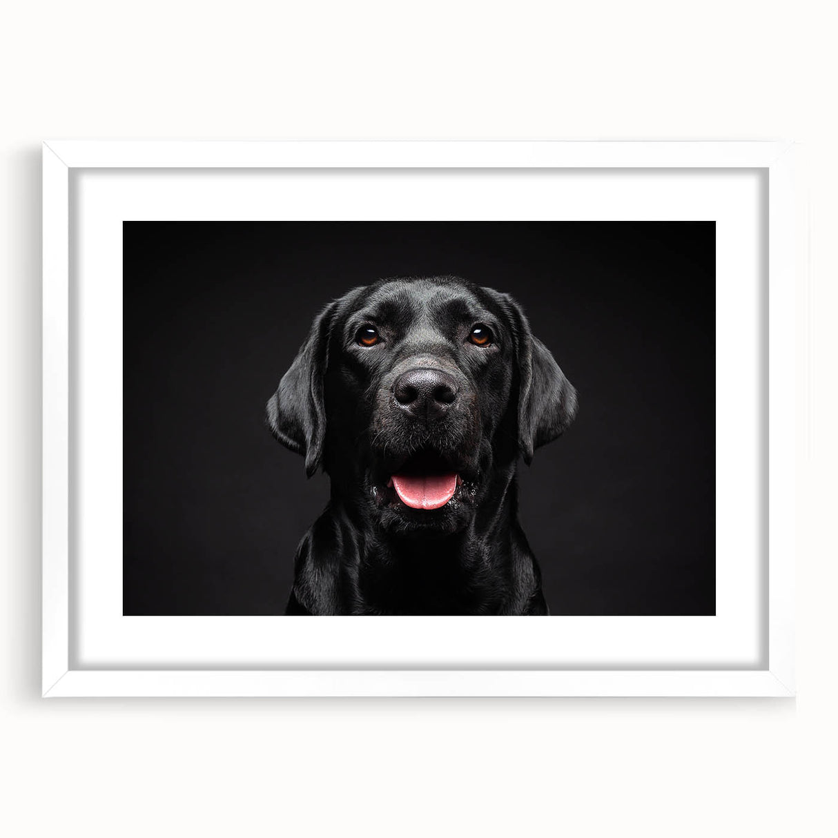 Framed wall art featuring a whimsical dog design with vibrant colors and playful details, set in a white mat, perfect for enhancing home decor with a love for animals.