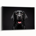 Framed wall art featuring a stylish design of various dog breeds, displayed in a modern black frame. The canvas showcases vibrant colors and intricate details, adding a touch of elegance to any living space. Perfect for dog lovers and home decor enthusiasts.