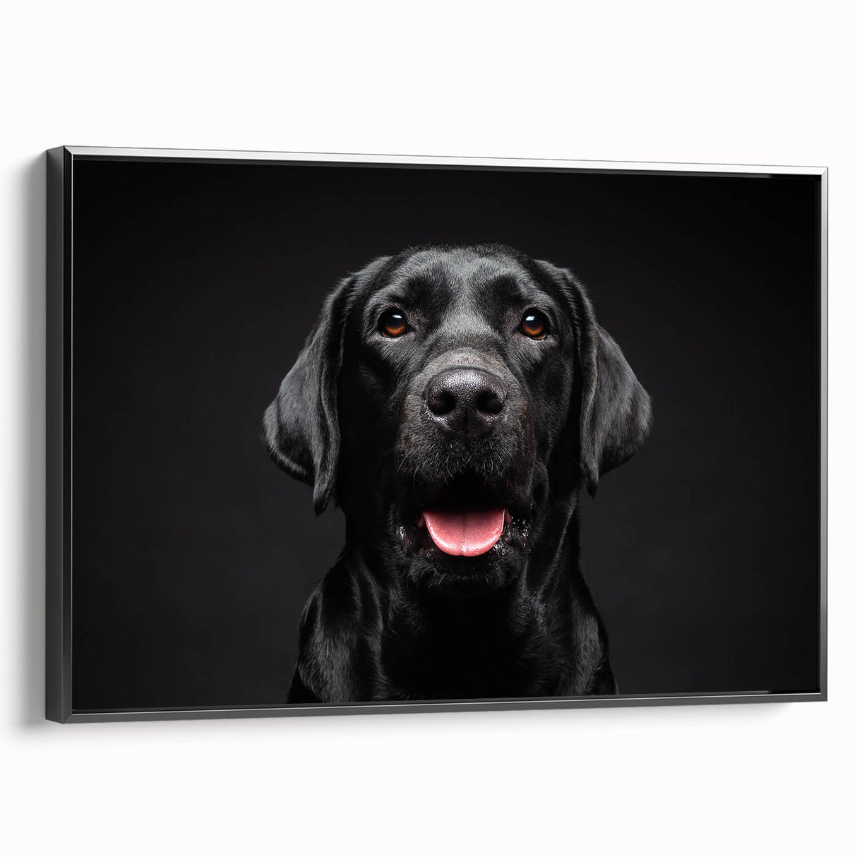Framed wall art featuring a stylish design of various dog breeds, displayed in a modern black frame. The canvas showcases vibrant colors and intricate details, adding a touch of elegance to any living space. Perfect for dog lovers and home decor enthusiasts.