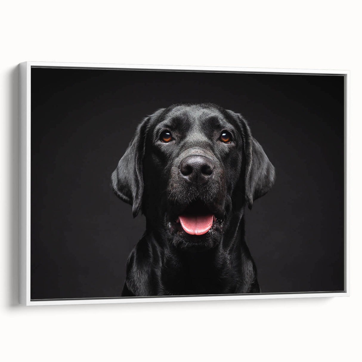 Framed canvas wall art showcasing a playful dog design with vibrant colors, featuring a white frame, ideal for enhancing any pet lover's home decor.