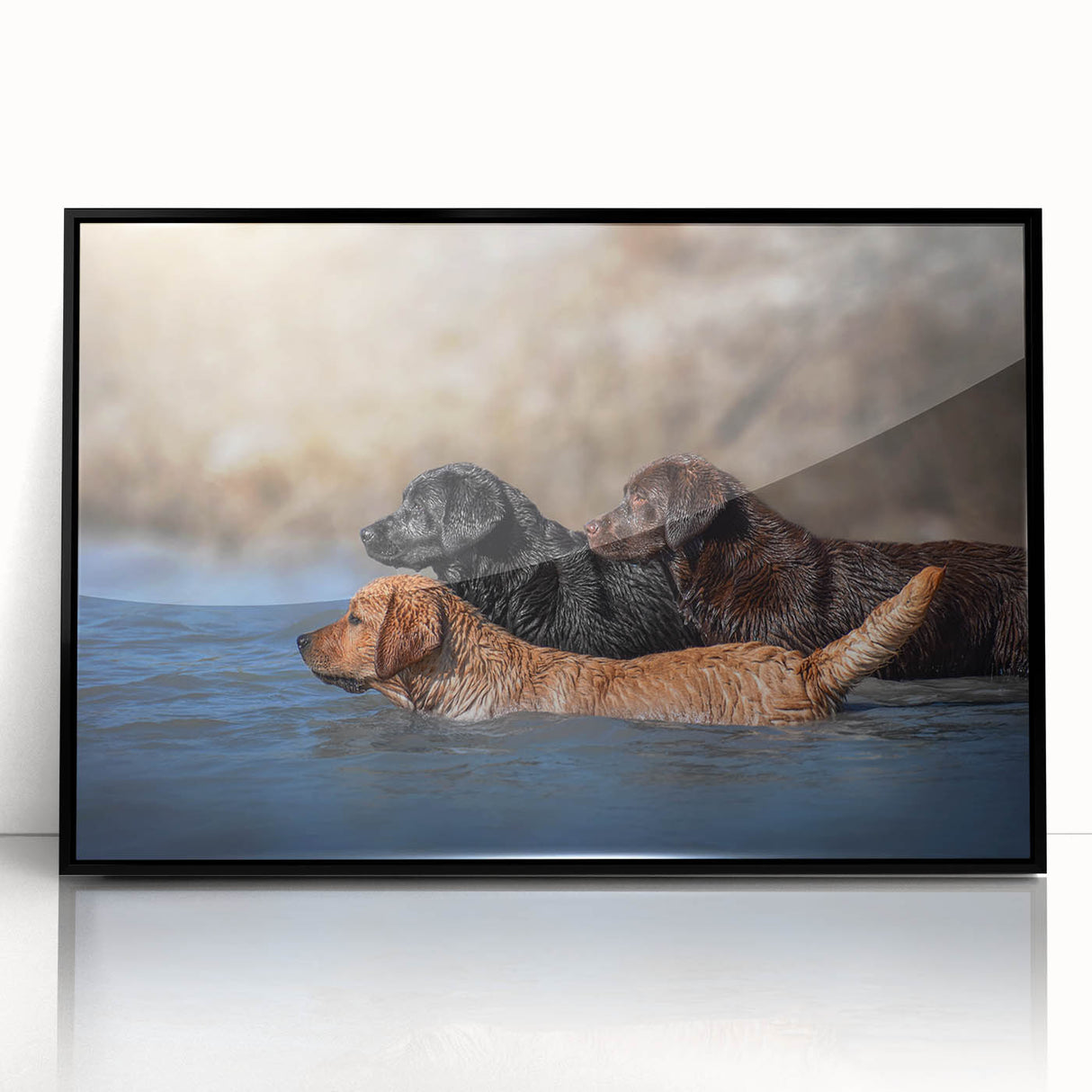 Framed wall art design showcasing a striking black and white illustration of various dog breeds in a wild setting, perfect for animal lovers and home decor enthusiasts.