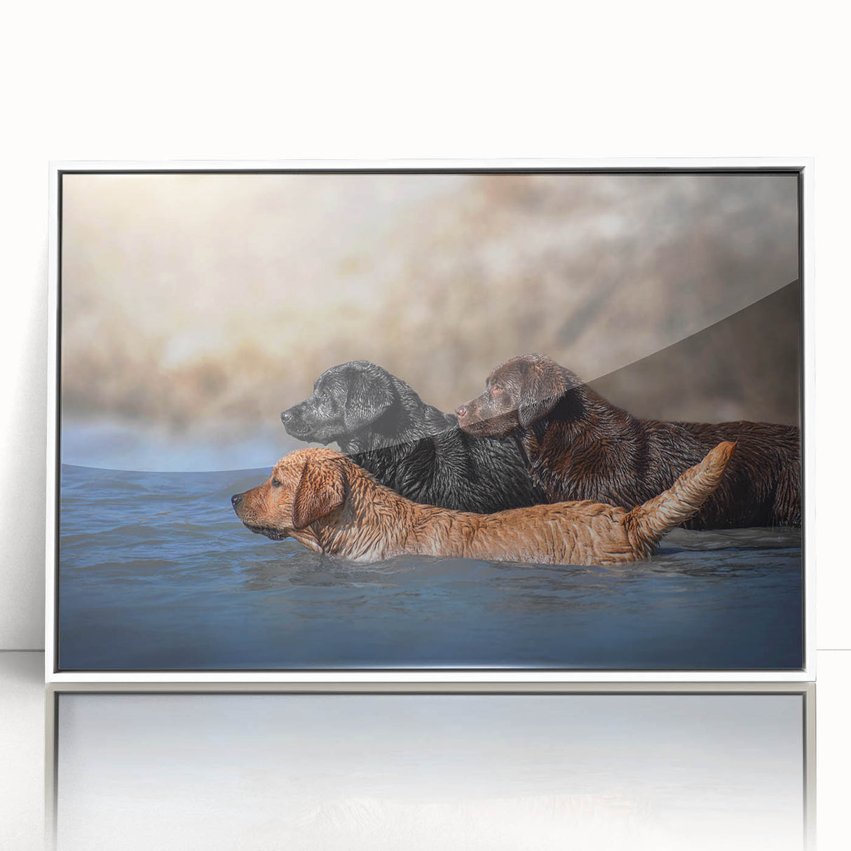 Framed acrylic wall art featuring a whimsical design of playful dogs in a vibrant color palette, perfect for animal lovers and home decor enthusiasts. The artwork is showcased in a sleek white frame, enhancing its modern appeal and making it an ideal addition to any living space or gallery wall.