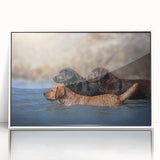 Framed acrylic wall art featuring a whimsical design of playful dogs in a vibrant color palette, perfect for animal lovers and home decor enthusiasts. The artwork is showcased in a sleek white frame, enhancing its modern appeal and making it an ideal addition to any living space or gallery wall.