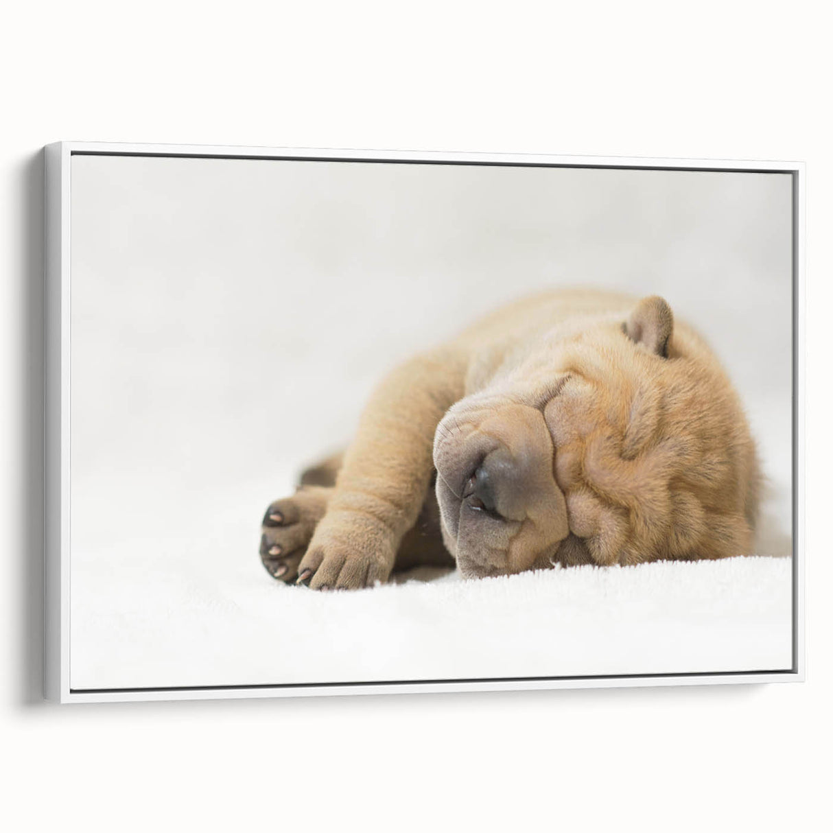 Framed canvas wall art featuring a vibrant dogs design, showcasing various dog breeds in playful poses against a white background, ideal for animal lovers' decor.