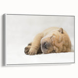 Framed canvas wall art featuring a vibrant dogs design, showcasing various dog breeds in playful poses against a white background, ideal for animal lovers' decor.