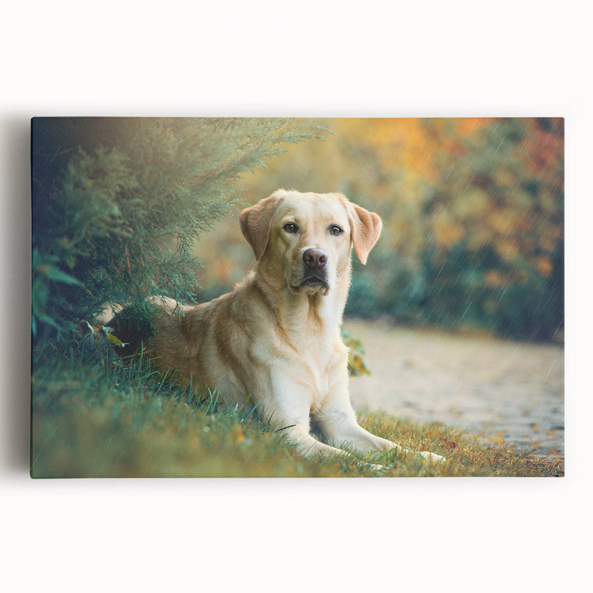 Stretched canvas wall art showcasing a vibrant design of various dog breeds, featuring a colorful and playful aesthetic, perfect for animal lovers' decor.