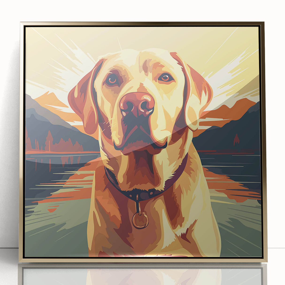 Framed wall art showcasing a vibrant dogs design from the Animals A Wild Life collection, featuring a gold acrylic front for an elegant finish. Ideal for pet lovers.