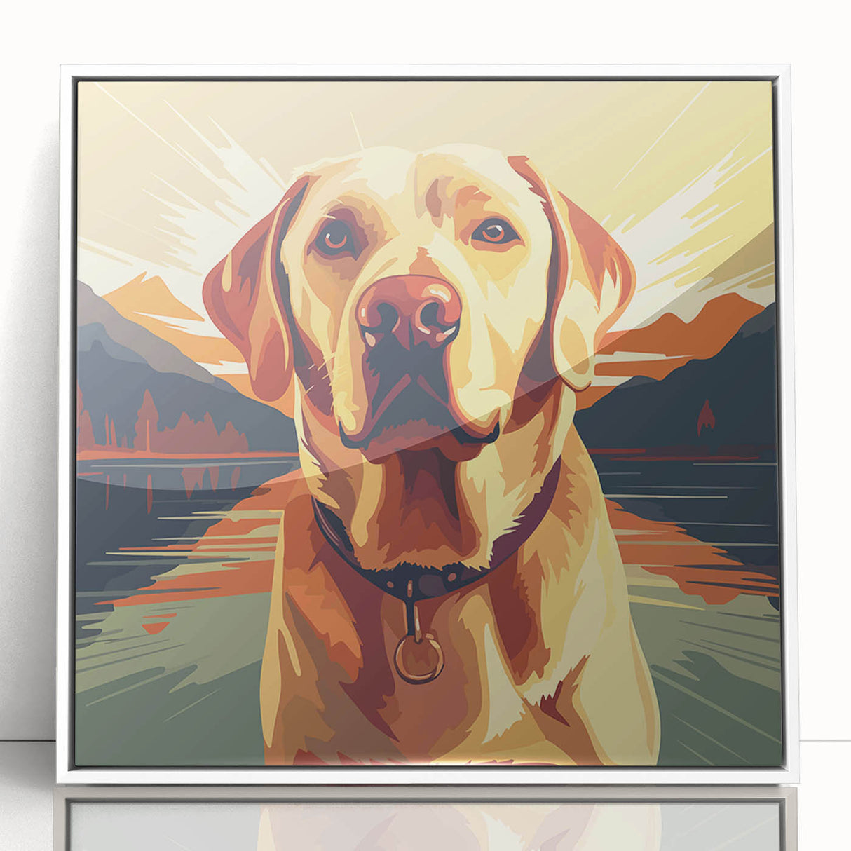Framed wall art featuring a playful dog design against a white background, showcasing vibrant colors and modern aesthetics, perfect for animal lovers’ decor.