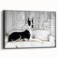 Framed canvas wall art showcasing a vibrant dog-themed design from the "Animals A Wild Life" collection, featuring a sleek black frame and side view perspective, perfect for pet lovers' home decor.