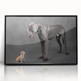 Framed black wall art featuring a vibrant design of various dog breeds in a wild setting, showcasing intricate details and colors, perfect for animal lovers.