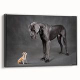 Framed canvas wall art featuring a vibrant design of various dogs in a wild life theme, presented in a sleek black frame, ideal for animal lovers' decor.