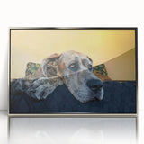 Framed wall art featuring a striking design of various dog breeds in a colorful wild-life theme, set in a sleek silver acrylic frame, ideal for pet lovers' decor.
