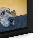 Framed canvas wall art showcasing a close-up of a playful dog design, featuring vibrant colors and intricate detailing, perfect for animal lovers and home decor.