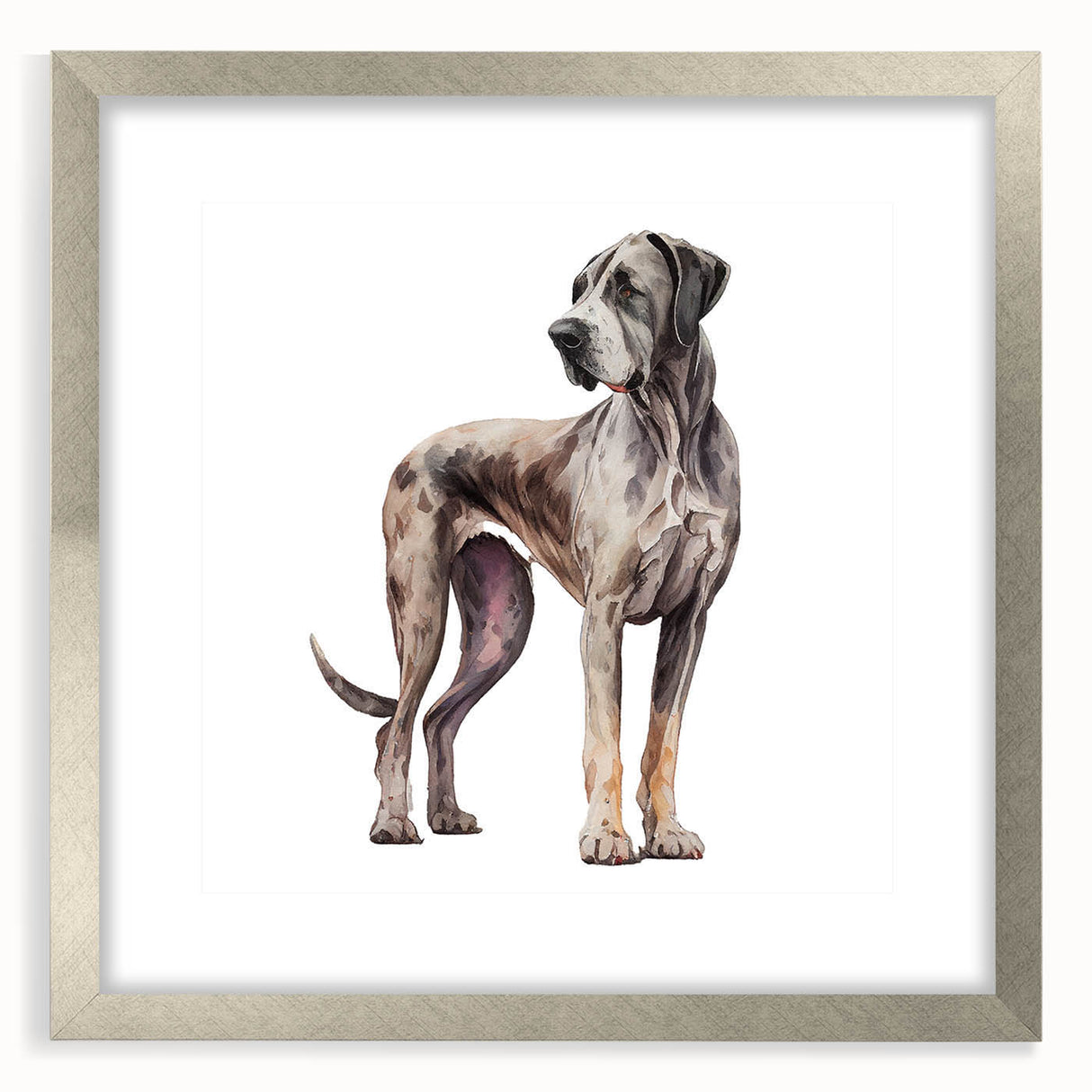 Framed wall art collection showcasing a vibrant dog design, featuring a silver frame and mat, perfect for adding a touch of wildlife decor to any space.