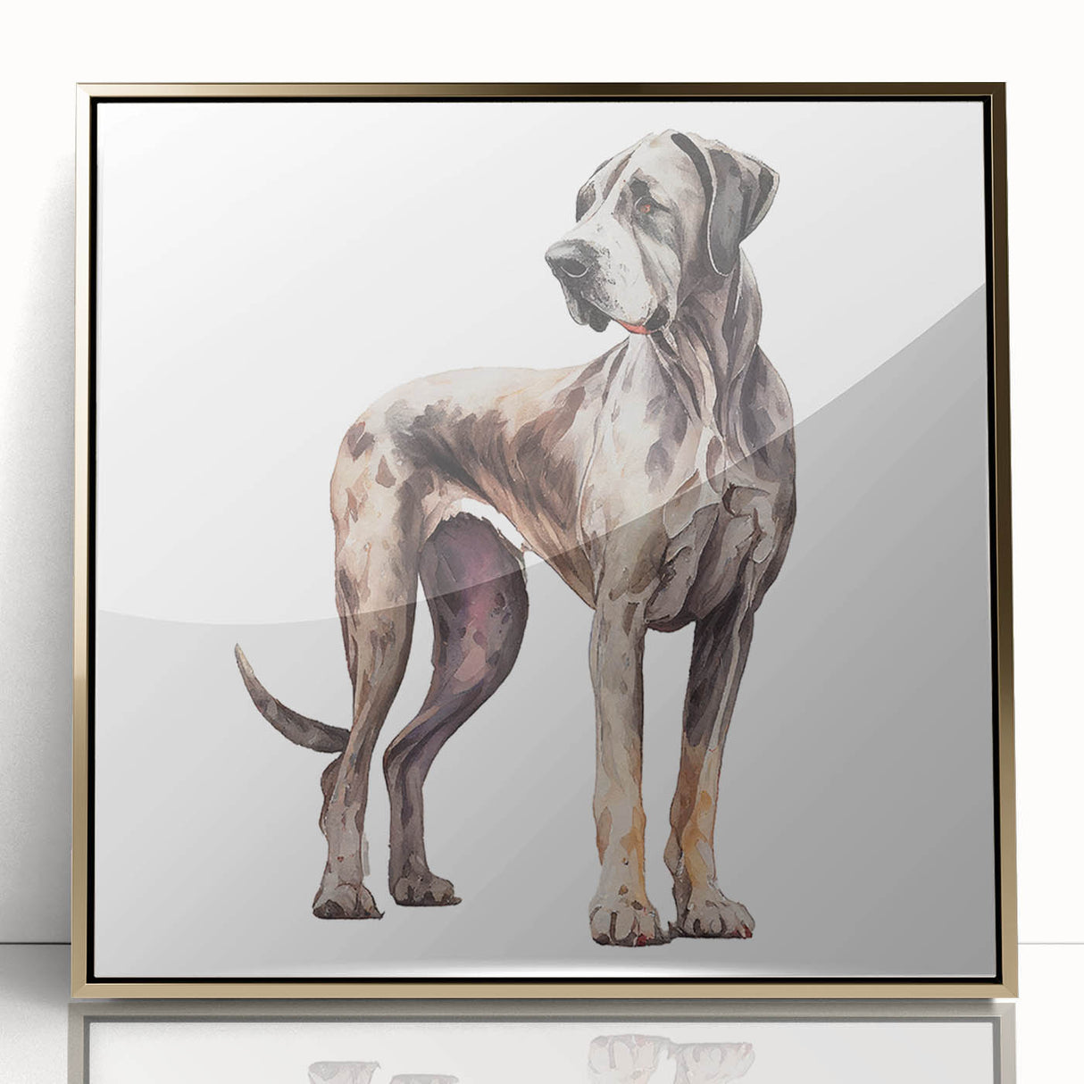 Framed wall art collection showcasing a vibrant dog design, featuring acrylic glass and a sleek gold frame, perfect for animal lovers' home décor.