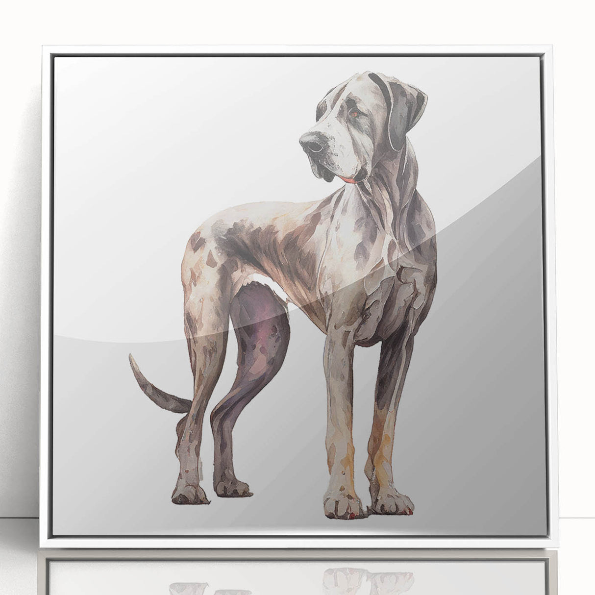 Framed acrylic wall art featuring a vibrant collection of dog illustrations on a white background, showcasing various breeds in playful poses, perfect for animal lovers.