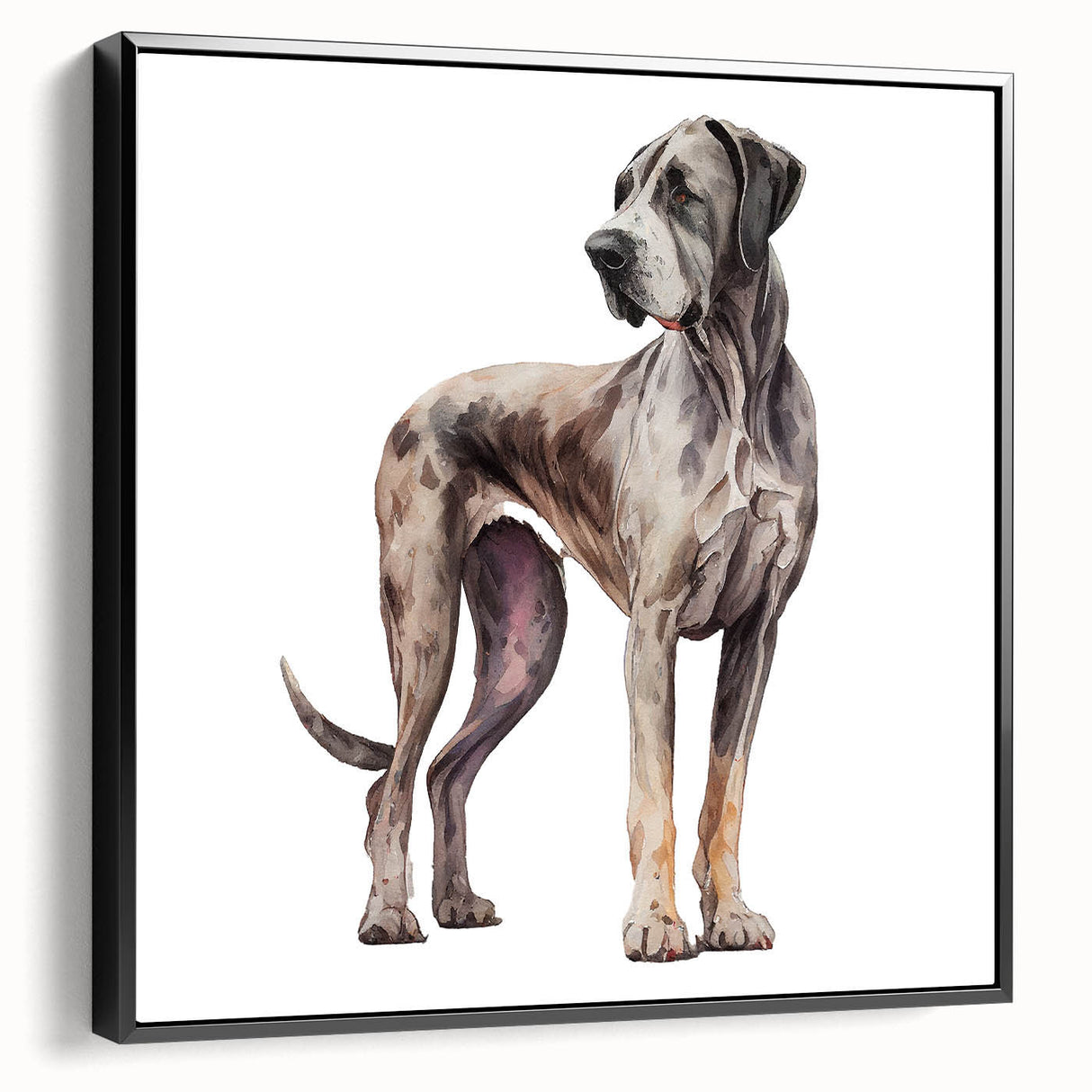 Framed canvas wall art depicting a vibrant dog design, showcasing a black frame and a side view perspective, perfect for animal lovers and home decor enthusiasts.