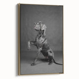 Framed canvas wall art showcasing a vibrant dog-themed design with gold accents, ideal for animal lovers, displayed against a neutral backdrop. Perfect for home decor.