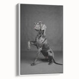 Framed canvas wall art featuring a whimsical dog design, showcasing vibrant colors and playful patterns, displayed against a white background in a side view. Perfect for animal lovers and home decor enthusiasts.