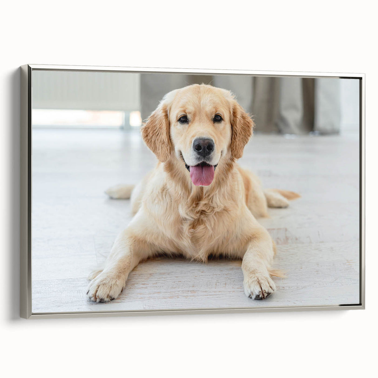 Framed wall art showcasing four playful dogs in a vibrant, colorful design. The canvas features a silver frame and a side view, perfect for enhancing any pet lover's decor.