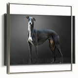 Framed canvas wall art featuring a stylized silver design of various dog breeds, showcasing intricate details and a modern aesthetic, ideal for animal lovers' decor.