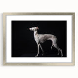 Framed wall art featuring a collection of seven dog designs in a sleek silver frame, showcasing vibrant colors and playful poses, perfect for animal lovers’ decor.