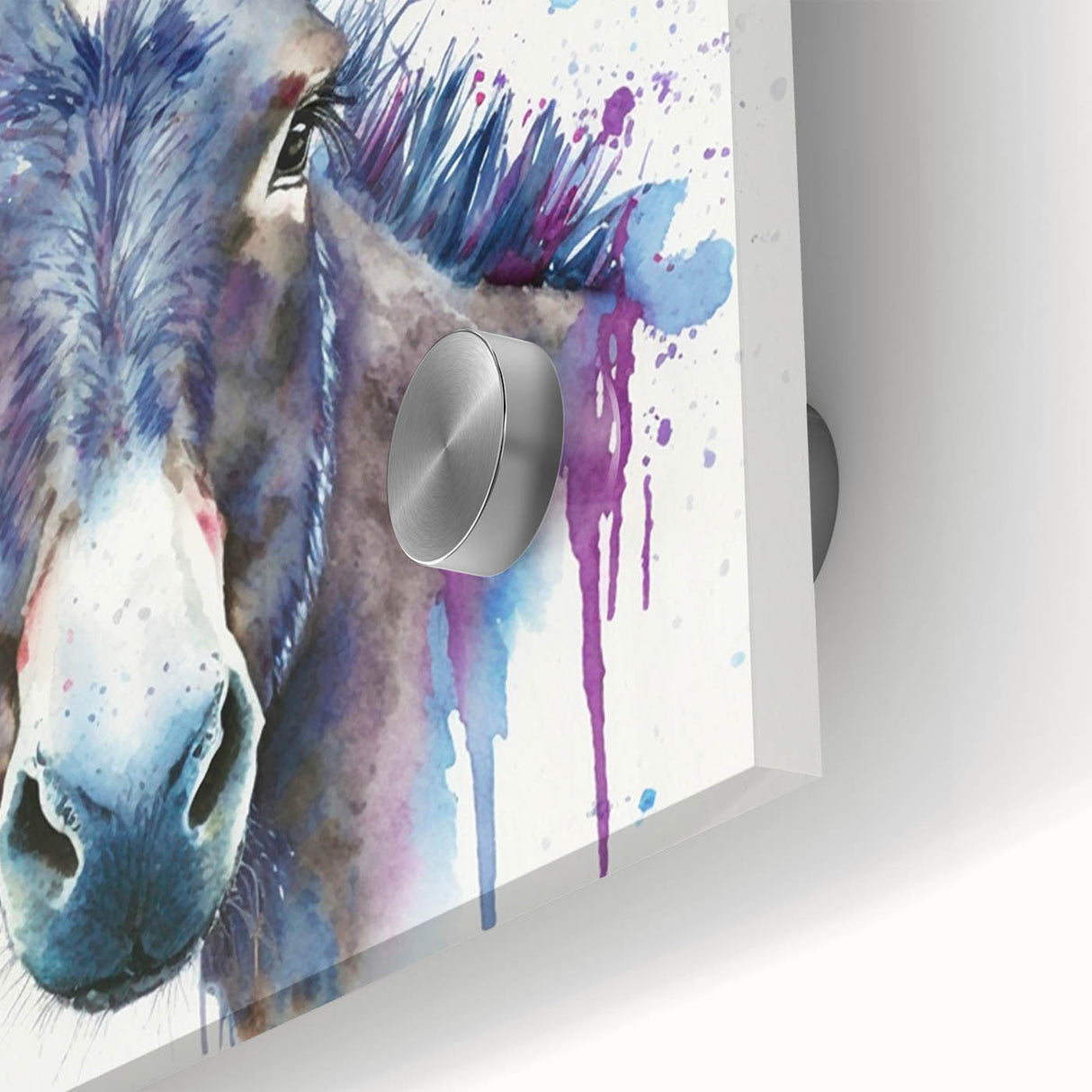 Close-up of a vibrant acrylic wall art piece featuring a donkey design, showcasing intricate details and textures against a sleek glass background, perfect for animal lovers and home decor enthusiasts.